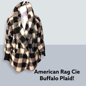 AMERICAN RAG CIE HOODIE FUZZY BUFFALO PLAID WRAP JACKET S